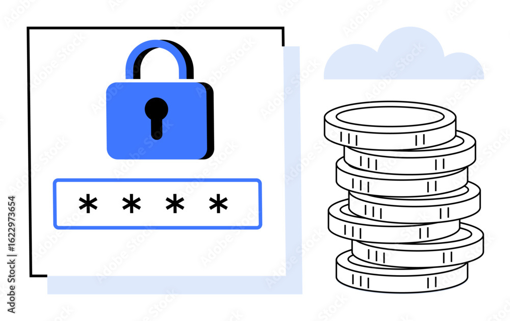 Poster padlock and password entry near coin stack and cloud highlight data security, encryption, and financ