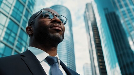 Fototapeta premium Confident Businessman Gazes Towards the Sky in a Modern City During the Afternoon