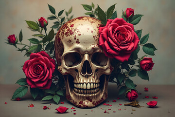 Skull with Roses and Foliage Arrangement Still Life