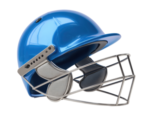 Blue cricket helmet with protective cage