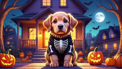 Golden retriever puppy in skeleton costume on Halloween night