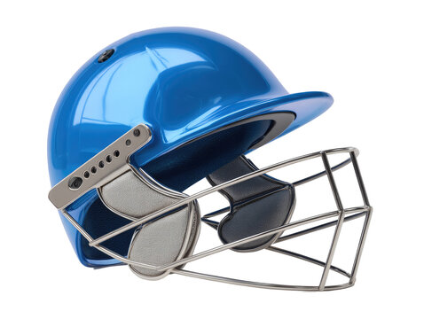 Blue cricket helmet with protective cage