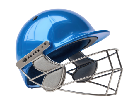 Blue cricket helmet with protective cage
