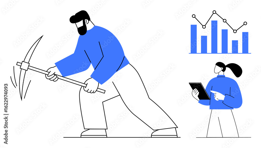 Poster man breaking ground with pickaxe symbolizing data mining, woman holding tablet reviewing analytics. 