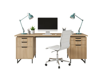 Modern Workspace with Wooden Desk, Chair, and Greenery