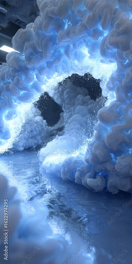 Poster an abstract blue cloudscape with swirling smoke and light, creating a dreamy and magical tunnel effe