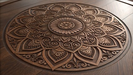 Obraz premium Intricate mandala carved into dark walnut slab