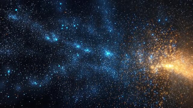 Stunning Cosmic Scene Vast Expanse of Stars and Galaxies Illuminated by Bright Blue and Golden Celestial Bodies in Dark Night Sky, Evoking Wonders of Universe and Astronomy.