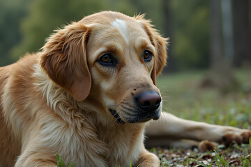 Dog Resting Outdoors Golden Fur and Peaceful Expression