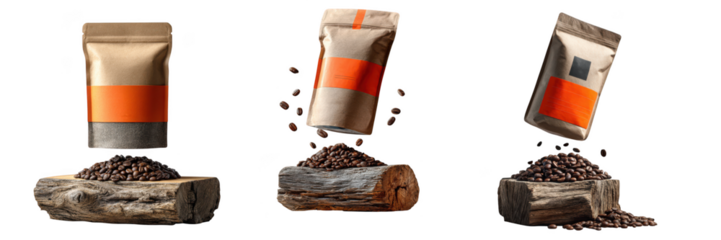 Collection of coffee beans in brown paper bags with orange labels, isolated on transparent background