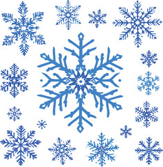 Snowflake Icon Set in Blue Featuring 14 Unique Frozen Designs with Central Focus and Radial Symmetry
