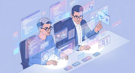 Two colleagues analyze complex data and code on futuristic holographic user interfaces.