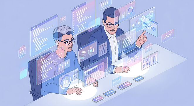 Two colleagues analyze complex data and code on futuristic holographic user interfaces.