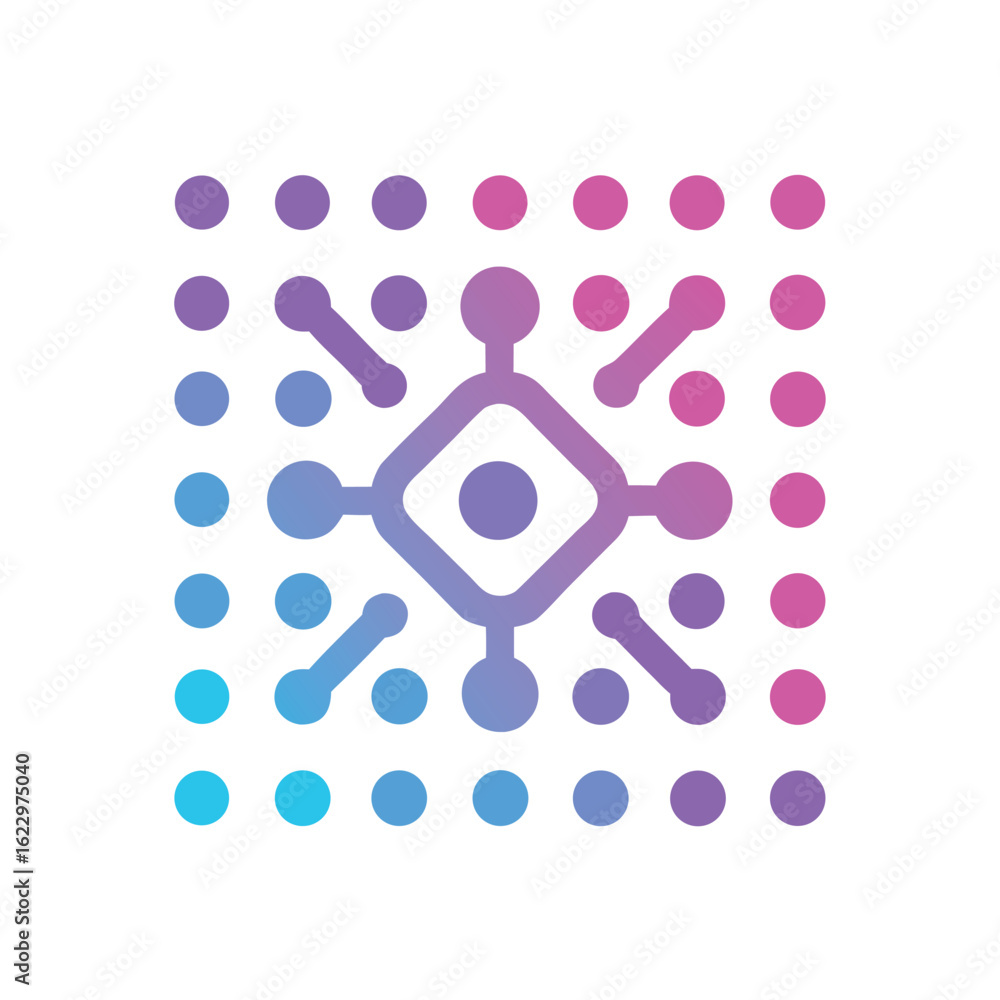 Poster square network of connected dots with diagonal lines and a blue to pink gradient on white abstract