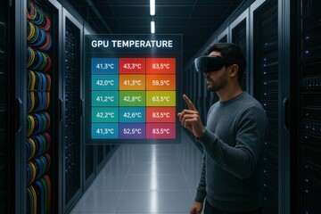 Engineer using VR headset to monitor GPU temperature across server racks in data center
