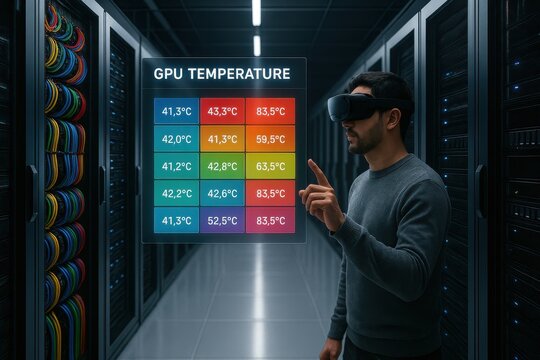 Engineer using VR headset to monitor GPU temperature across server racks in data center
 - Powered by Adobe