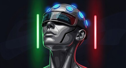 Futuristic cyborg with augmented reality headset and neon lights vector design