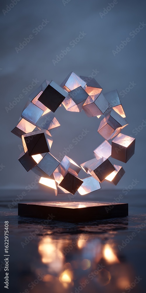 Poster abstract geometric composition with cubes and lights, creating a modern and stylish design, perfect 