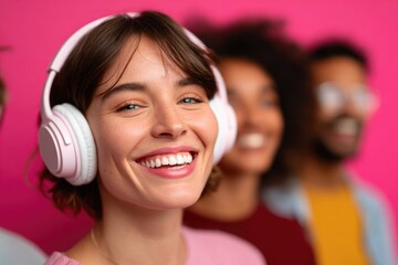 Fototapeta premium Happy woman listening to music on headphones