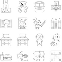 Vector art of vector illustration of as set of school related icons in outline style for childrens education and learning activities in black and white