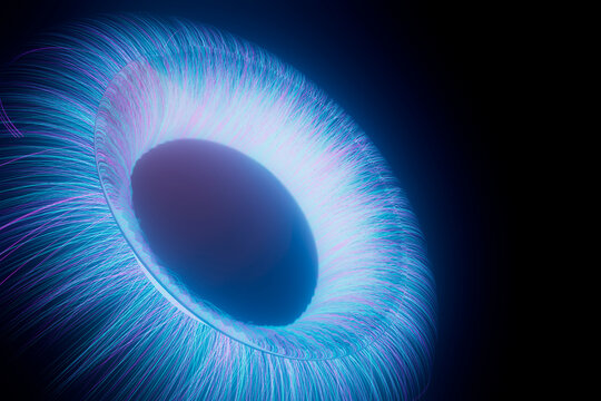 3D macro eye made of luminous particles and glowing lines