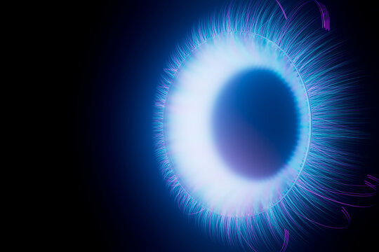 3D closeup of glowing iris eye with radiant particle strands