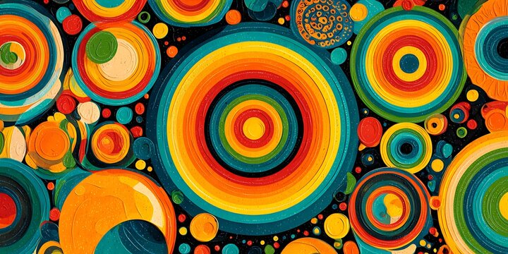 A vibrant collection of colorful concentric circles creates an abstract artistic pattern