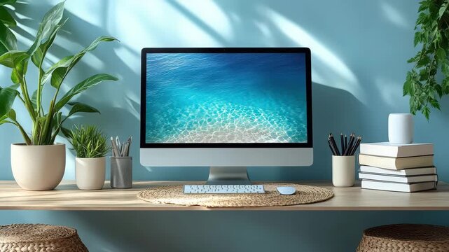 Modern home office setup with computer, plants, and natural light casting shadows, beautiful