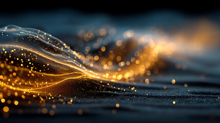 Golden light particles flowing over dark surface