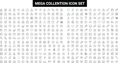 Vector art of vector illustration of a mega collection icon set featuring various line icons for web and mobile applications interface design