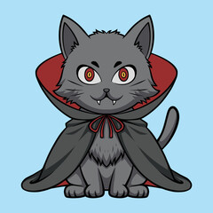 Cute gray cat wearing a vampire cloak with red eyes and fangs
