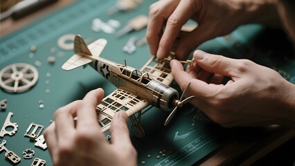 Hands assembling a detailed wooden model airplane on a crafting mat