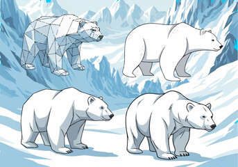 Three Styles of Polar Bears in Majestic Snowy Mountain Landscape