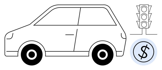 Compact vehicle next to traffic light and financial symbol suggesting mobility, fuel costs, road taxes, or economic impacts. Ideal for transportation, traffic planning, eco-driving, finance, road