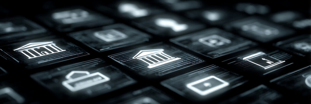 Illuminated digital icons on dark interface screen