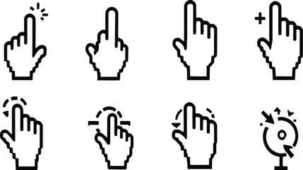 Fototapeta premium Hand Gesture Icon Set Featuring Tap, Point, and Interaction Symbols in Minimal Monoline UI Style