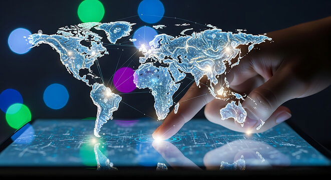 A person's finger touches a glowing digital world map on a tablet, symbolizing global technology and connection.