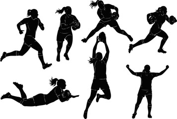Six Dynamic Women's Rugby Actions in Championship Match on White Background