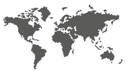 Black and white World Map isolated on transparent background. Flat silhouette of global map displayed on lined square grid. 3D illustration