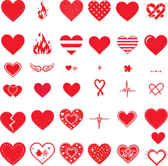 Decorative Heart Icon Set Featuring 35 Unique Variants with Symbols of Passion, Care, and Identity