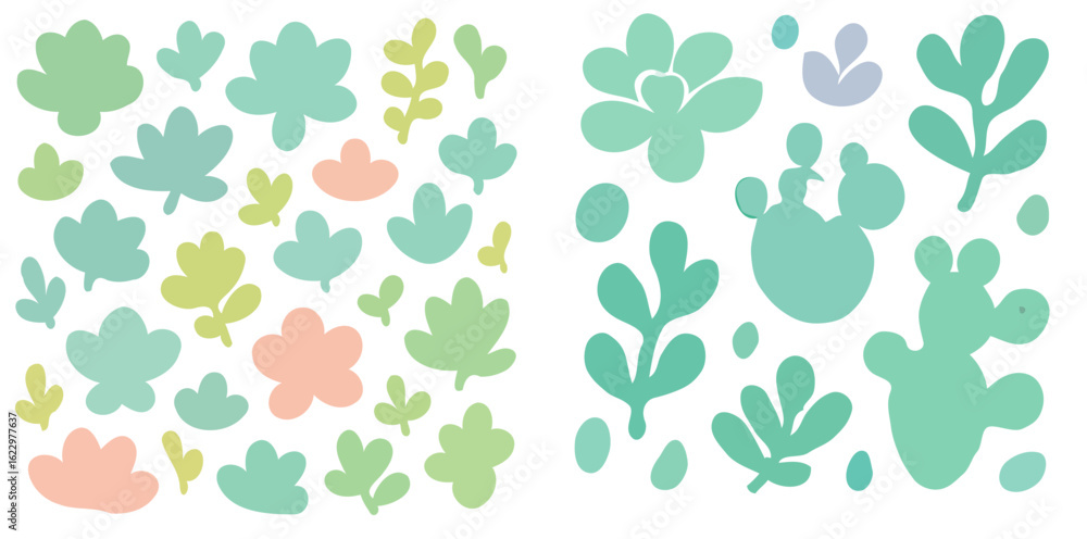 Poster pastel-colored abstract floral and leaf designs arranged in two distinct patterns, ideal for craftin