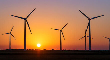 Fototapeta premium Stunning sunset over wind farm, powering a cleaner future, ideal for energy companies, environmental groups, and sustainable campaigns