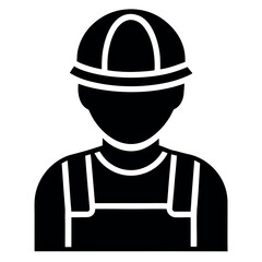 Construction worker icon wearing a hard hat and overalls in black and white