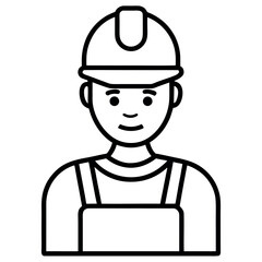 Outline illustration of a construction worker wearing a hard hat and overalls