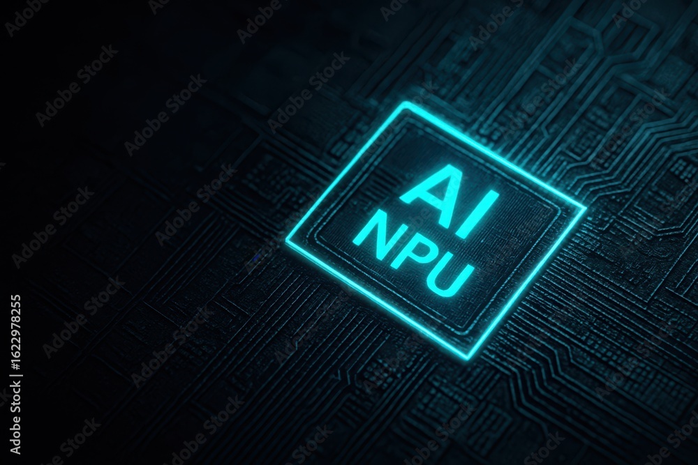 Aufkleber close-up of ai npu chip glowing on futuristic circuit board for neural processing acceleration