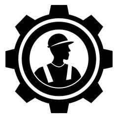 Construction worker silhouette inside a gear representing industry and mechanical processes