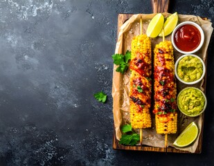 Grilled corn on the cob with sauce and avocado dip on a wooden board