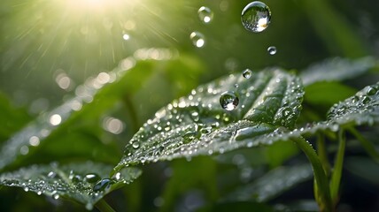 Close-Up Macro of Rain Droplets on Green Leaves with Sunlight Reflection &mdash; Nature Detail, Fresh Foliage Texture, Water Beads, and Blurred Background Aesthetic

