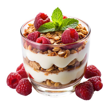 Raspberry parfait with yogurt and granola isolated on transparent background