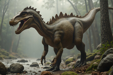 Standing Dinosaur in Forest Landscape Nature Scene